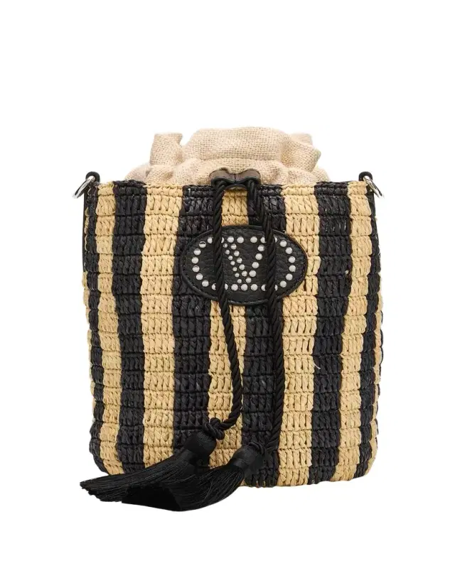 Valentino Garavani Small Striped Viscose Raffia Bucket Bag
