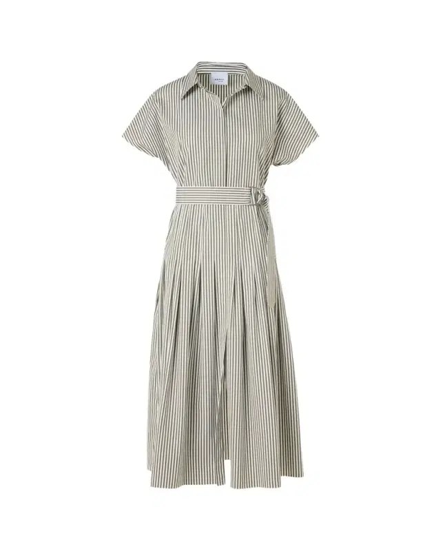 Akris punto Cap-Sleeve Belted Cotton Poplin Pleated Midi Shirtdress