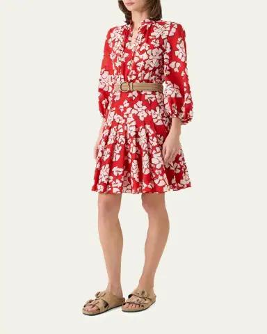 Akris punto Papercut Flower-Print Crepe Balloon-Sleeve Belted Dress | Thumbnail 4 Akris punto Papercut Flower-Print Crepe Balloon-Sleeve Belted Dress | Thumbnail 4