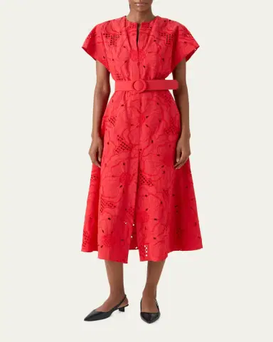 Akris punto Floral Eyelet Embroidered Short-Sleeve Belted Midi Dress | Thumbnail 2 Akris punto Floral Eyelet Embroidered Short-Sleeve Belted Midi Dress | Thumbnail 2