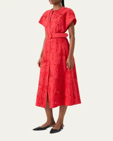 Akris punto Floral Eyelet Embroidered Short-Sleeve Belted Midi Dress | Thumbnail 4 Akris punto Floral Eyelet Embroidered Short-Sleeve Belted Midi Dress | Thumbnail 4