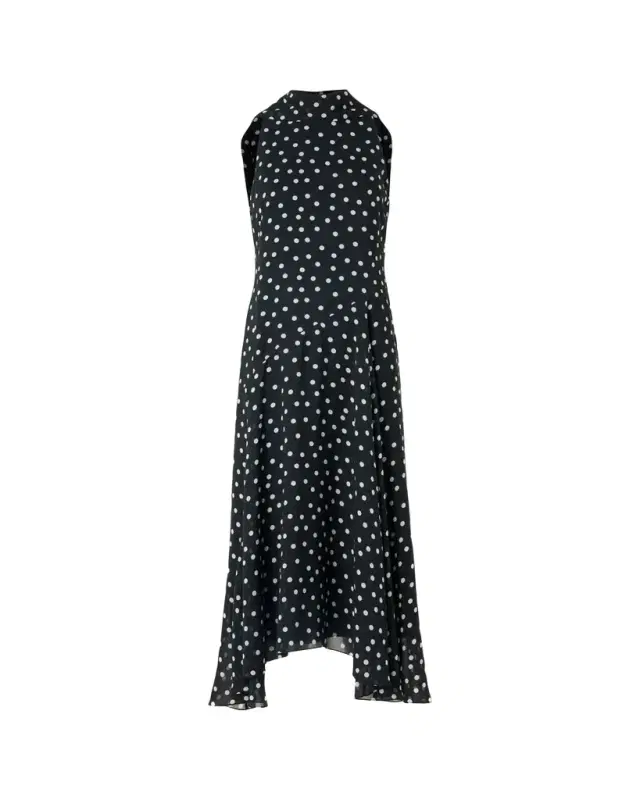 Mock-Neck Polka-Dot Viscose Georgette Handkerchief Midi Dress