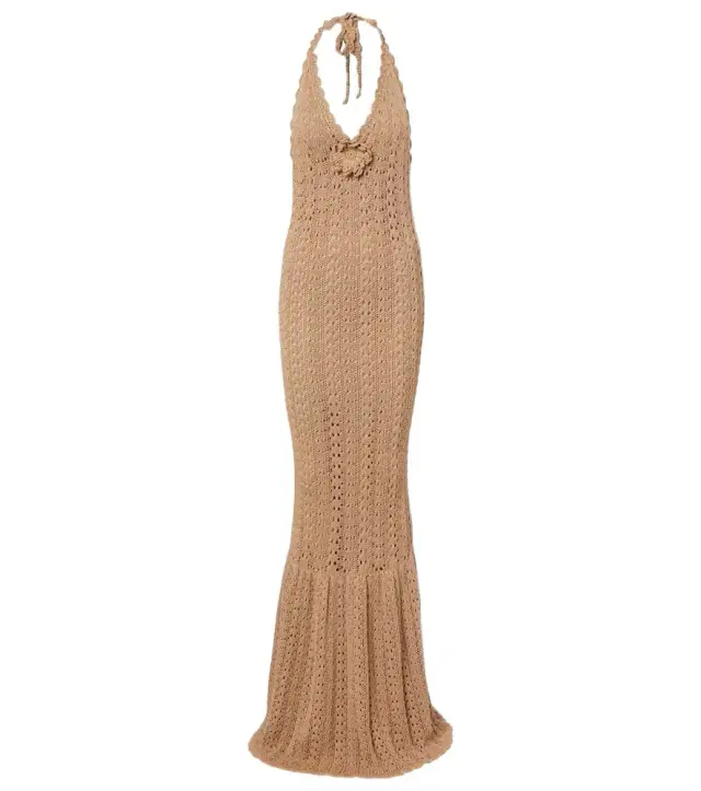 Floral-appliqué crochet cotton maxi dress