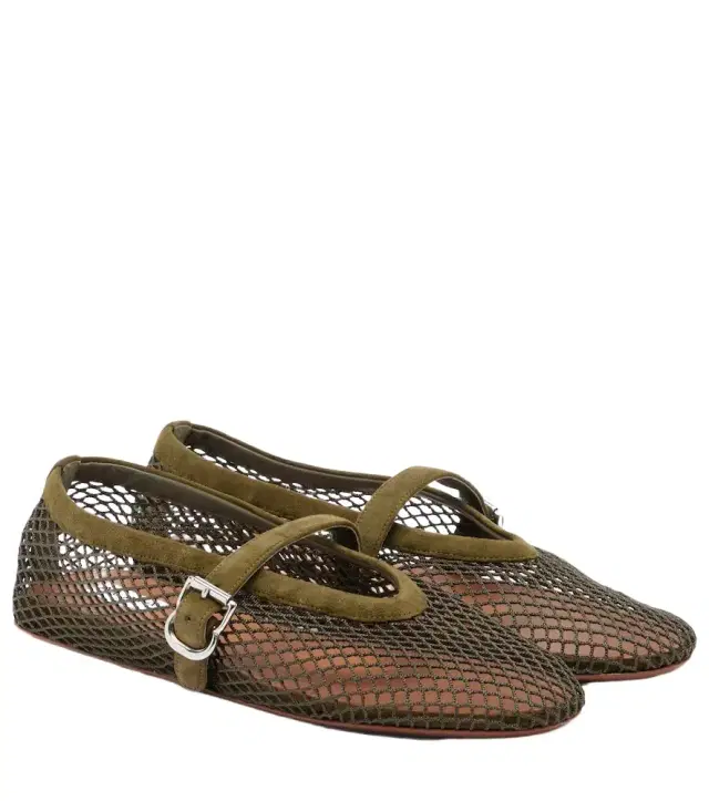 Alaia Alaïa Suede-trimmed fishnet ballet flats