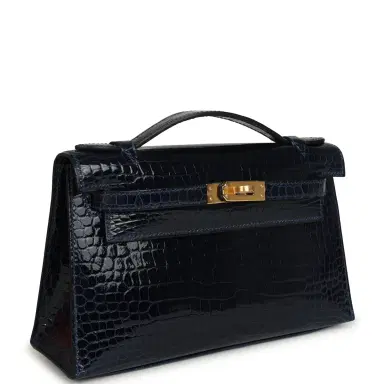 HERMÈS Hermes Kelly Pochette Bleu Saphir Shiny Porosus Crocodile Gold Hardware | Thumbnail 2 HERMÈS Hermes Kelly Pochette Bleu Saphir Shiny Porosus Crocodile Gold Hardware | Thumbnail 2