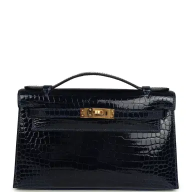 HERMÈS Hermes Kelly Pochette Bleu Saphir Shiny Porosus Crocodile Gold Hardware | Thumbnail 1 HERMÈS Hermes Kelly Pochette Bleu Saphir Shiny Porosus Crocodile Gold Hardware | Thumbnail 1