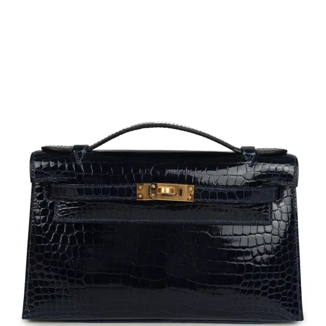 hermes Hermes Kelly Pochette Bleu Saphir Shiny Porosus Crocodile Gold Hardware