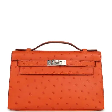 HERMÈS Hermes Kelly Pochette Tangerine Ostrich Palladium Hardware | Thumbnail 1