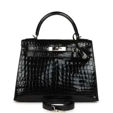 HERMÈS Pre-owned Hermes Kelly Sellier 28 Black Shiny Niloticus Crocodile Palladium Hardware | Thumbnail 1 HERMÈS Pre-owned Hermes Kelly Sellier 28 Black Shiny Niloticus Crocodile Palladium Hardware | Thumbnail 1