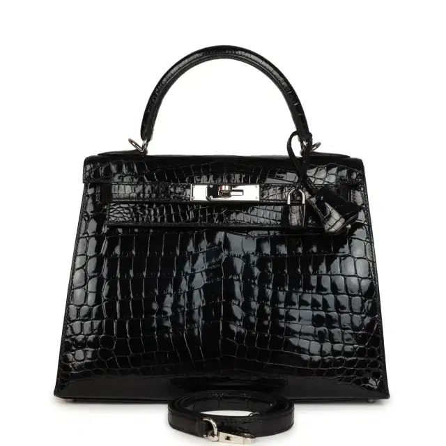 hermes Pre-owned Hermes Kelly Sellier 28 Black Shiny Niloticus Crocodile Palladium Hardware