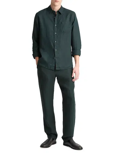 Vince Men's Linen Long-Sleeve Button-Up Shirt - Seaweed | Thumbnail 2
