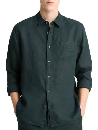 Vince Men's Linen Long-Sleeve Button-Up Shirt - Seaweed | Thumbnail 3