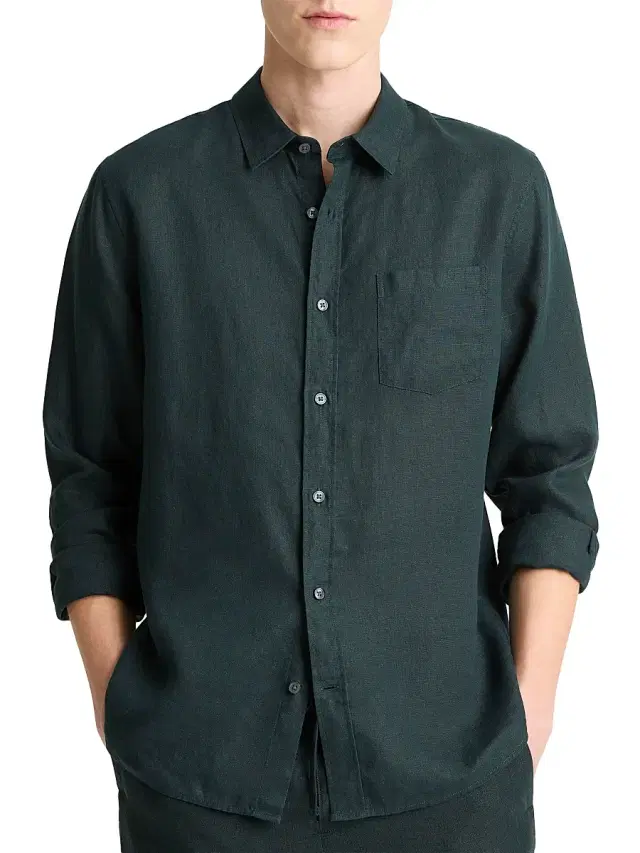 Vince Men's Linen Long-Sleeve Button-Up Shirt - Seaweed