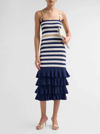 Cara Cara Women's Maryanne Shell Strap Ruffle Midi Dress - Navy Ginger Stripe - Size XL | Thumbnail 2 Cara Cara Women's Maryanne Shell Strap Ruffle Midi Dress - Navy Ginger Stripe - Size XL | Thumbnail 2