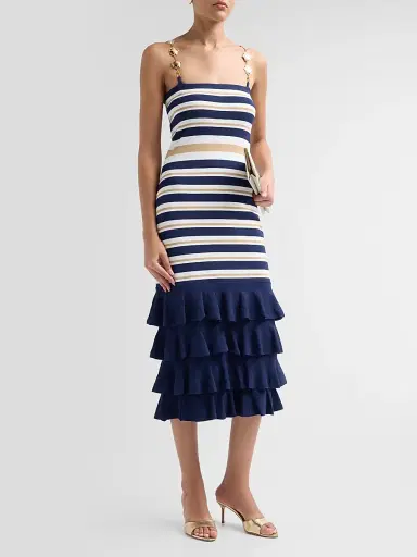 Cara Cara Women's Maryanne Shell Strap Ruffle Midi Dress - Navy Ginger Stripe - Size XL | Thumbnail 4 Cara Cara Women's Maryanne Shell Strap Ruffle Midi Dress - Navy Ginger Stripe - Size XL | Thumbnail 4