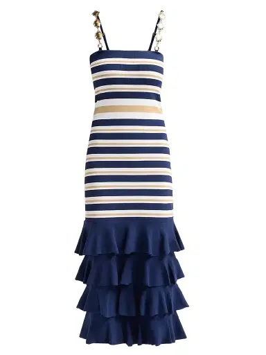 Cara Cara Women's Maryanne Shell Strap Ruffle Midi Dress - Navy Ginger Stripe - Size XL | Thumbnail 1 Cara Cara Women's Maryanne Shell Strap Ruffle Midi Dress - Navy Ginger Stripe - Size XL | Thumbnail 1