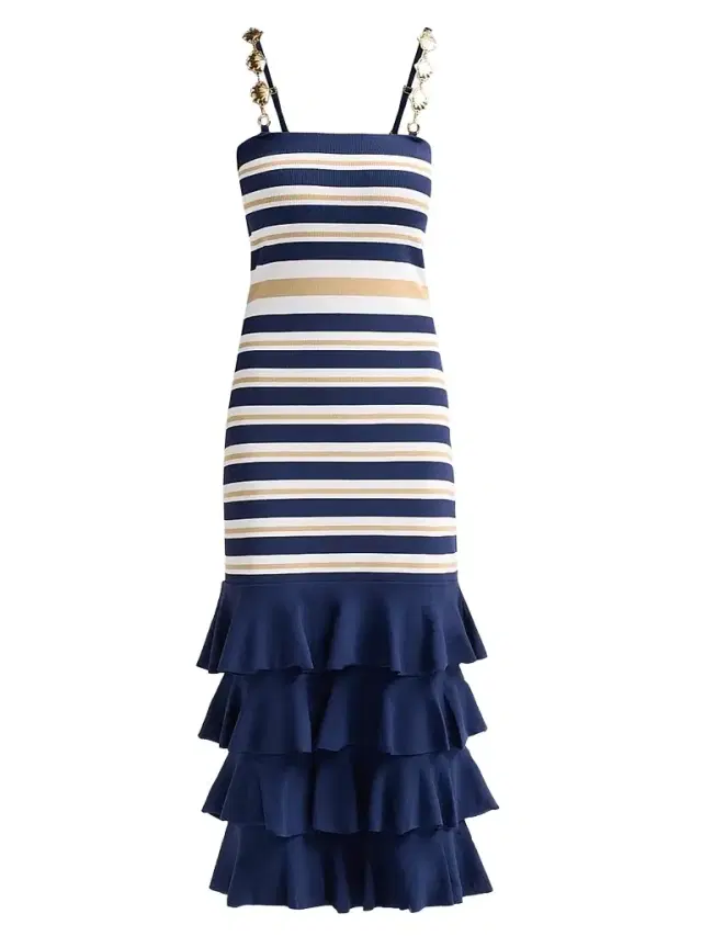 Cara Cara Women's Maryanne Shell Strap Ruffle Midi Dress - Navy Ginger Stripe