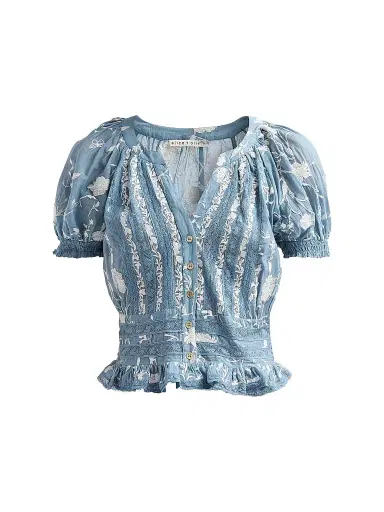 Alice + Olivia Women's Kathryn Lace-Trim Embroidered Blouse - Deep Denim Blue Vanilla - Size XL | Thumbnail 1 Alice + Olivia Women's Kathryn Lace-Trim Embroidered Blouse - Deep Denim Blue Vanilla - Size XL | Thumbnail 1