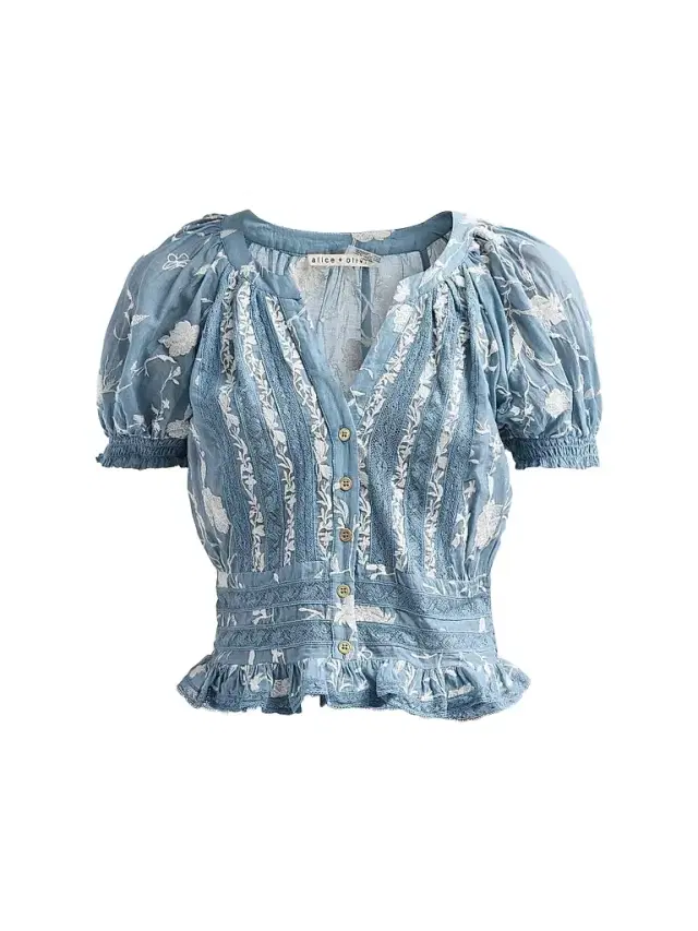 ALICE + OLIVIA Women's Kathryn Lace-Trim Embroidered Blouse - Deep Denim Blue Vanilla