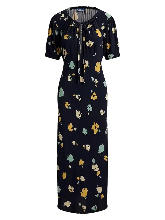 Women's Floral Crepe Midi Dress - Tulip Navy Yellow