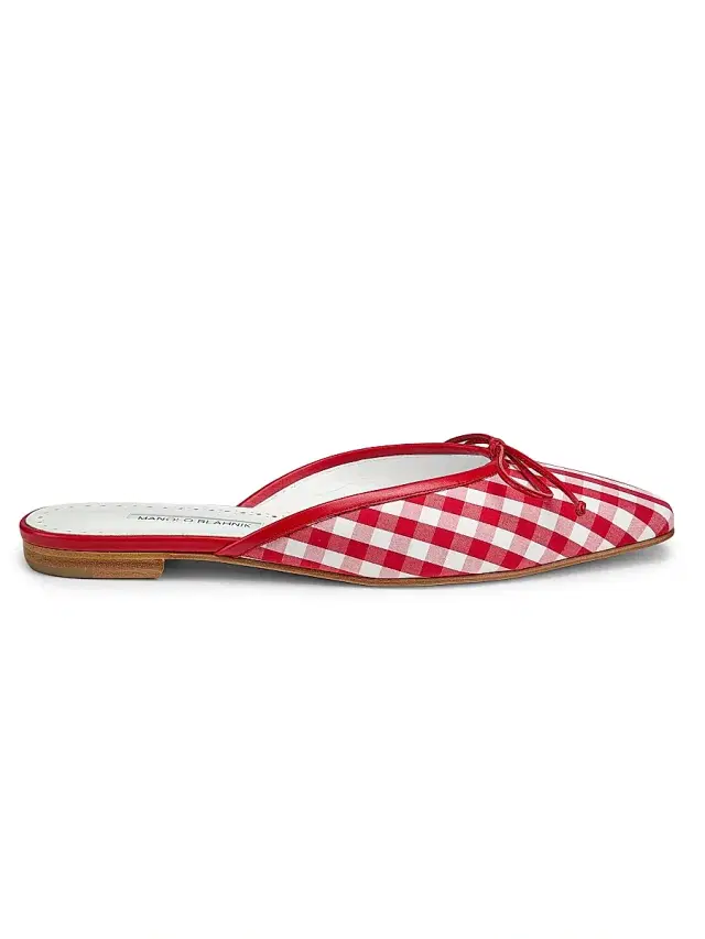 Manolo Blahnik Women's Camperinew Gingham Bow-Detail Mules - White Red