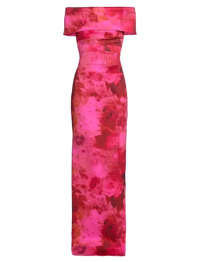 Teri Jon by Rickie Freeman Women's Floral Off-the-Shoulder Ruched Gown - Fuschia Multi