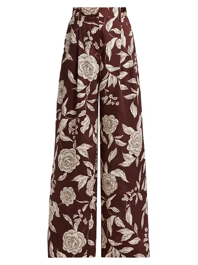 Tanya Taylor Women's Jodi Floral Twill Wide-Leg Pants - Deep Redwood Multi