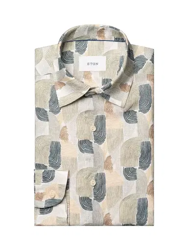 Eton Men's Geometric Print Linen Shirt - Mid Green - Size XXL | Thumbnail 1 Eton Men's Geometric Print Linen Shirt - Mid Green - Size XXL | Thumbnail 1
