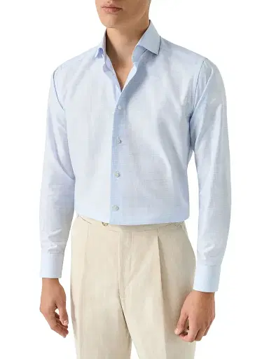 Eton Men's Check Cotton-Linen Slim-Fit Shirt - Mid Blue | Thumbnail 3
