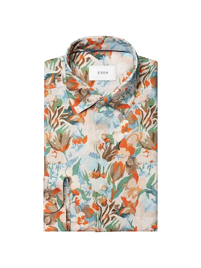 Eton Men's Floral Linen Print Shirt - Orange