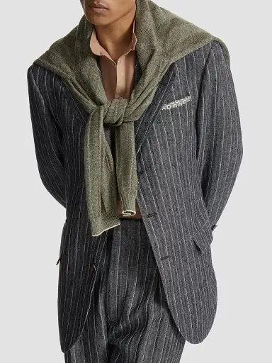 Brunello Cucinelli Men's Linen Chalk Stripe Chevron Tailor Blazer with Metal Buttons - Anthracite | Thumbnail 4 Brunello Cucinelli Men's Linen Chalk Stripe Chevron Tailor Blazer with Metal Buttons - Anthracite | Thumbnail 4