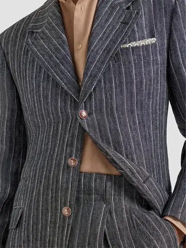 Brunello Cucinelli Men's Linen Chalk Stripe Chevron Tailor Blazer with Metal Buttons - Anthracite | Thumbnail 5 Brunello Cucinelli Men's Linen Chalk Stripe Chevron Tailor Blazer with Metal Buttons - Anthracite | Thumbnail 5