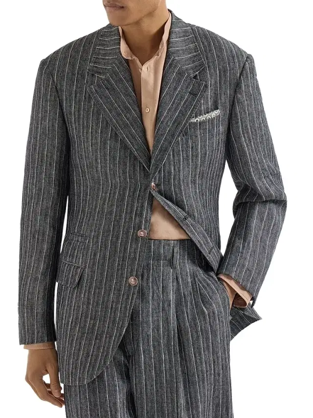 Brunello Cucinelli Men's Linen Chalk Stripe Chevron Tailor Blazer with Metal Buttons - Anthracite