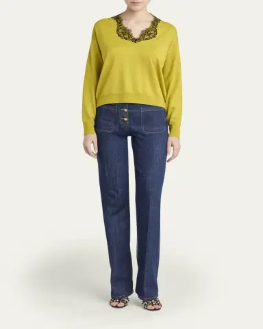 Valentino Garavani Lace-Trim V-Neck Cashmere Sweater | Thumbnail 2 Valentino Garavani Lace-Trim V-Neck Cashmere Sweater | Thumbnail 2