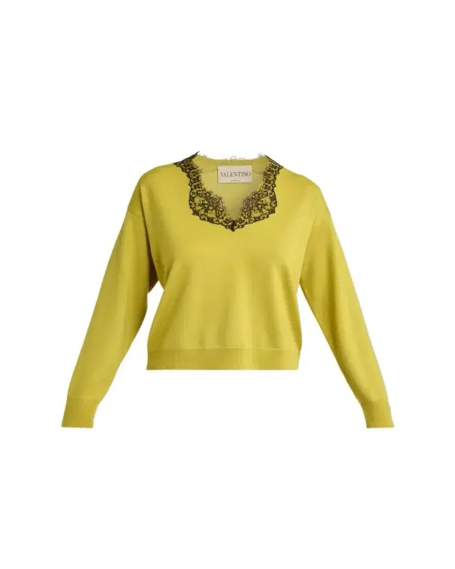 Valentino Garavani Lace-Trim V-Neck Cashmere Sweater