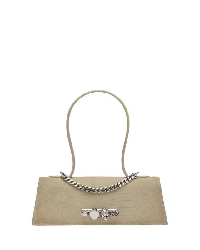 Jewelled Croc-Embossed Suede Top-Handle Bag