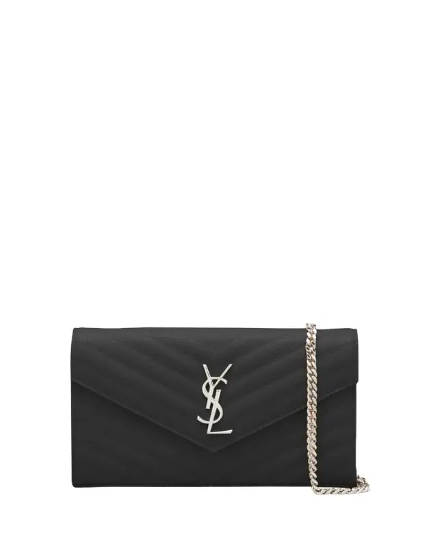 Saint Laurent YSL Monogram Large Wallet on Chain in Grained Leather