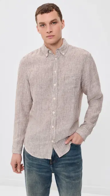 Taylor Stitch The Jack Linen Shirt Burgundy University Stripe 38 | Thumbnail 2