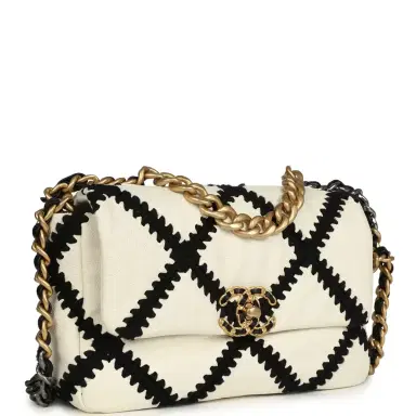 Chanel Chanel Medium 19 Flap Bag White Calfskin, Black Crochet Mixed Metal Hardware | Thumbnail 2 Chanel Chanel Medium 19 Flap Bag White Calfskin, Black Crochet Mixed Metal Hardware | Thumbnail 2