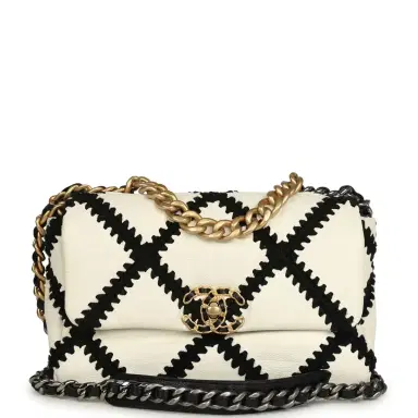 Chanel Chanel Medium 19 Flap Bag White Calfskin, Black Crochet Mixed Metal Hardware | Thumbnail 1 Chanel Chanel Medium 19 Flap Bag White Calfskin, Black Crochet Mixed Metal Hardware | Thumbnail 1