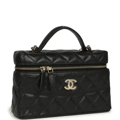 Chanel Chanel Top Handle Long Vanity Case with Chain Black Shiny Caviar Light Gold Hardware | Thumbnail 2