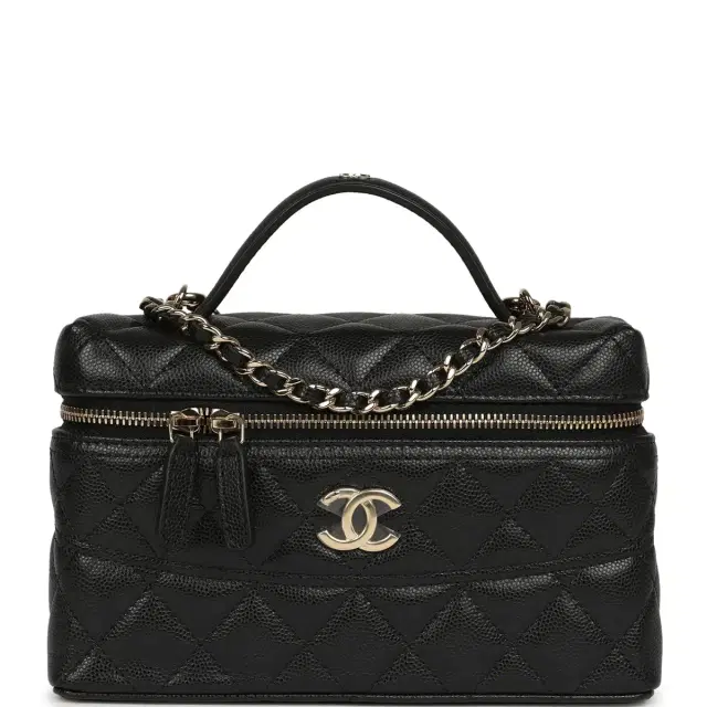 Chanel Chanel Top Handle Long Vanity Case with Chain Black Shiny Caviar Light Gold Hardware