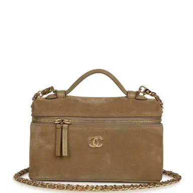 Chanel Chanel Top Handle Long Vanity Case with Chain Dark Beige Suede Gold Hardware | Thumbnail 1 Chanel Chanel Top Handle Long Vanity Case with Chain Dark Beige Suede Gold Hardware | Thumbnail 1