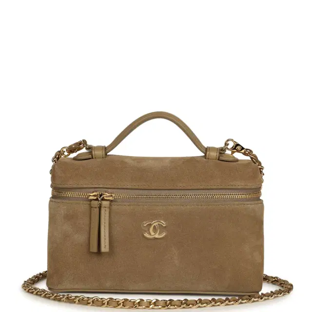 Chanel Chanel Top Handle Long Vanity Case with Chain Dark Beige Suede Gold Hardware