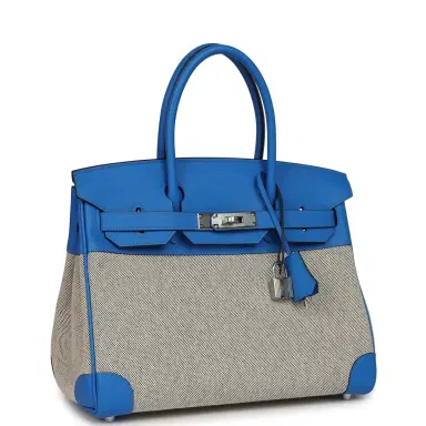 HERMÈS Hermes Birkin 30 Ecru-Black Toile H Canvas and Bleu Hydra Swift Palladium Hardware | Thumbnail 2