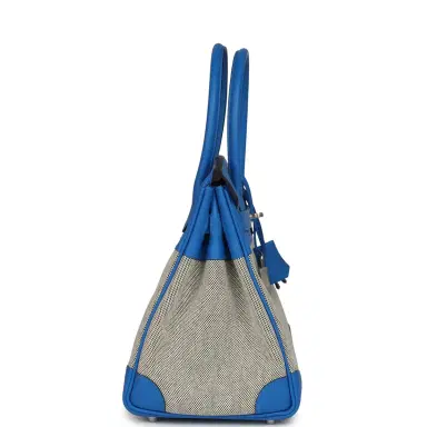 HERMÈS Hermes Birkin 30 Ecru-Black Toile H Canvas and Bleu Hydra Swift Palladium Hardware | Thumbnail 3