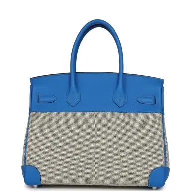 HERMÈS Hermes Birkin 30 Ecru-Black Toile H Canvas and Bleu Hydra Swift Palladium Hardware | Thumbnail 4