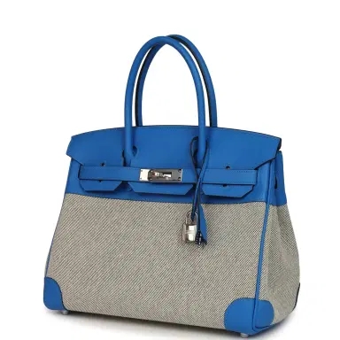 HERMÈS Hermes Birkin 30 Ecru-Black Toile H Canvas and Bleu Hydra Swift Palladium Hardware | Thumbnail 5