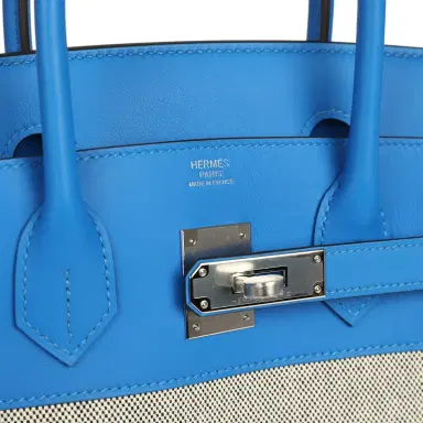 HERMÈS Hermes Birkin 30 Ecru-Black Toile H Canvas and Bleu Hydra Swift Palladium Hardware | Thumbnail 7