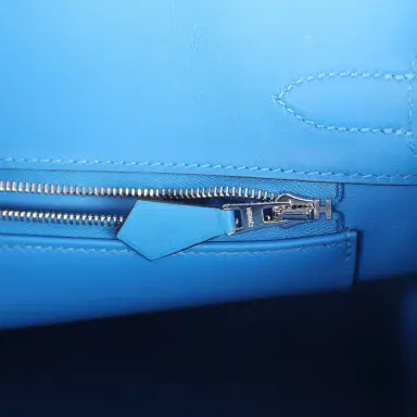 HERMÈS Hermes Birkin 30 Ecru-Black Toile H Canvas and Bleu Hydra Swift Palladium Hardware | Thumbnail 9